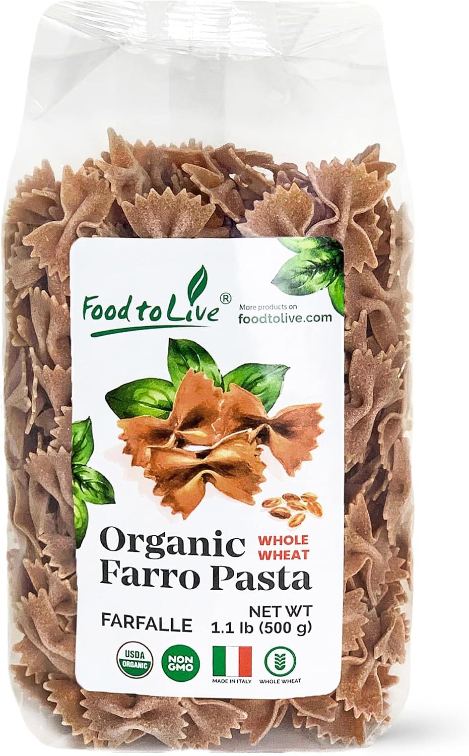 Organic Farro Farfalle Pasta, 1.1 lb (Pack of 1) – Italian Whole Wheat and Non-GMO Bow-tie Pasta, Single Ingredient. No Additives. Ancient Grain. Good Source of Plant Based Protein and Fiber. Vegan