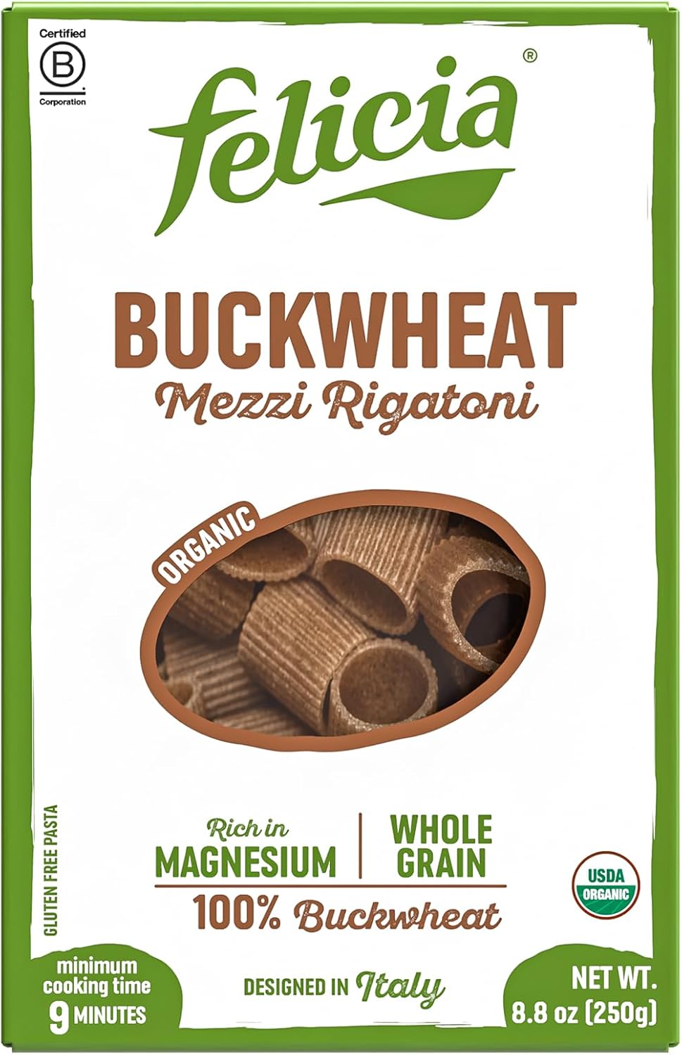 Felicia Gluten Free Pasta, Buckwheat Mezzi Rigatoni, Organic Noodles Made With 100% Whole Grain Buckwheat, Naturally High in Magnesium, Designed in Italy, Plant Based, Non GMO, 8.8 Oz, 6 Boxes