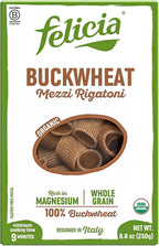 Felicia Gluten Free Pasta, Buckwheat Mezzi Rigatoni, Organic Noodles Made With 100% Whole Grain Buckwheat, Naturally High in Magnesium, Designed in Italy, Plant Based, Non GMO, 8.8 Oz, 6 Boxes