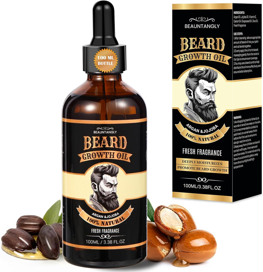 Beard Growth Oil for Men, 100% Natural Beard Oil with Argan Oil, Jojoba Oil, Castor Oil - 3.38 FL/100ML Fresh Fragrance Beard Conditioner Softens, Nourishes,Strengthens, Promotes Beard Growth