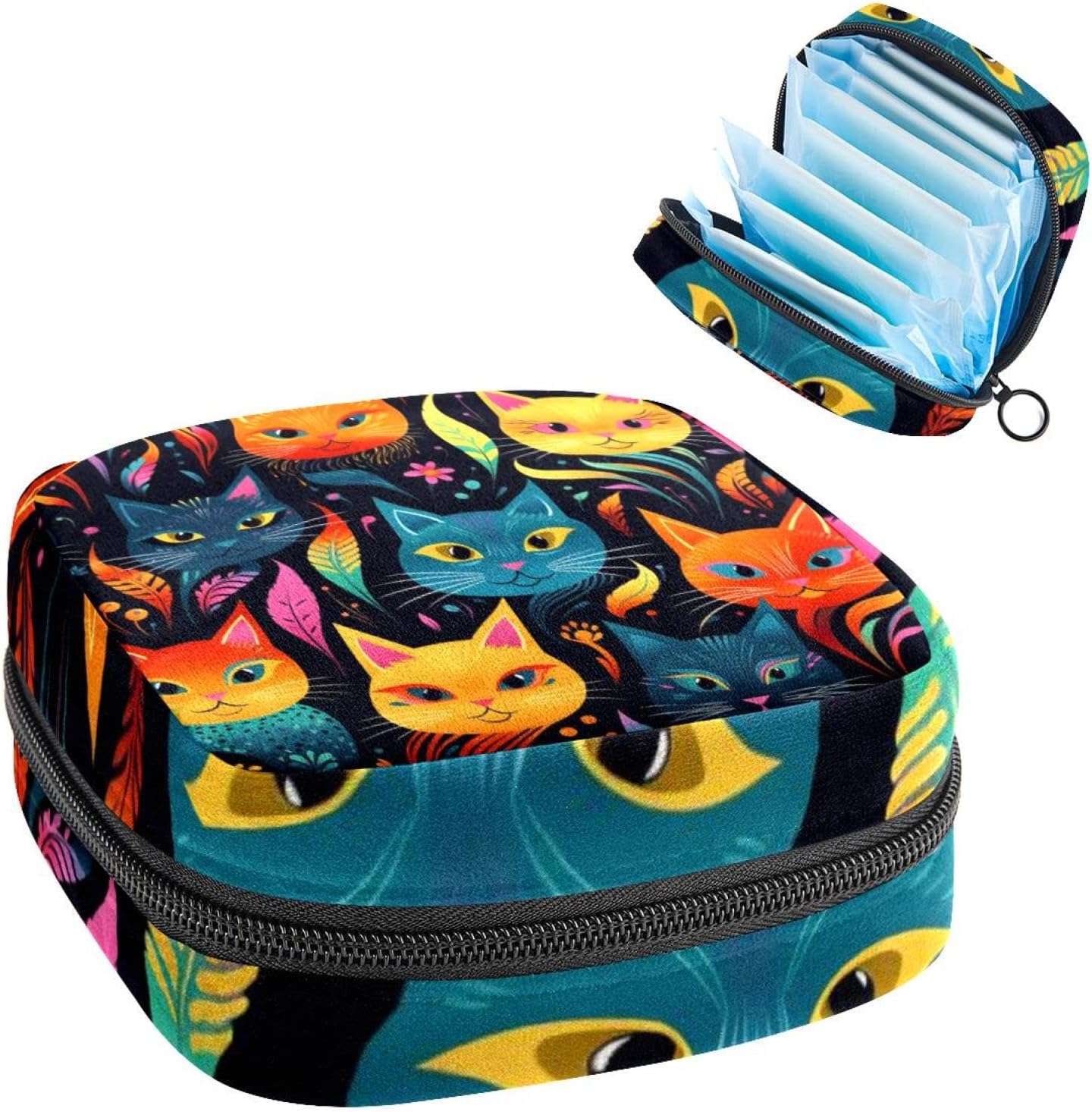 Sanitary Napkin Storage Bag, Zipper Period Pouch for Teen Girls Women, Portable Menstrual Tampons Collect Bags Cat Pattern