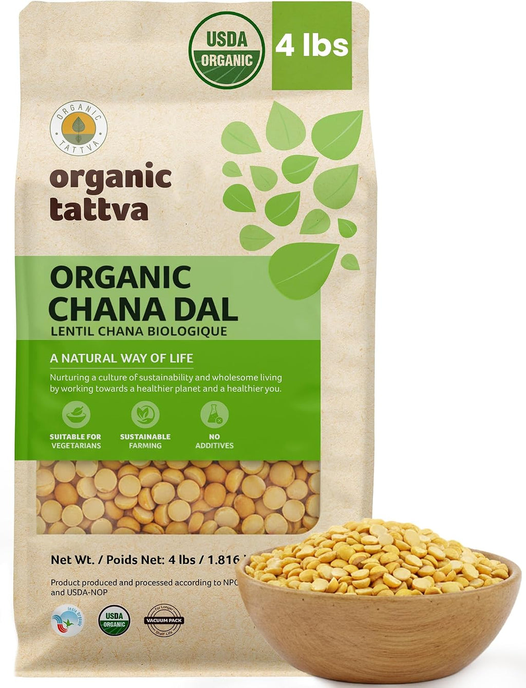 Organic Tattva Chana Dal (4 lbs) - Split Chickpeas Yellow Lentils Organic, Gluten Free, Vegan & Kosher - High Protein Lentils Dry - Pure Garbanzo Beans Dal for Everyday Nutrition - USDA Certified
