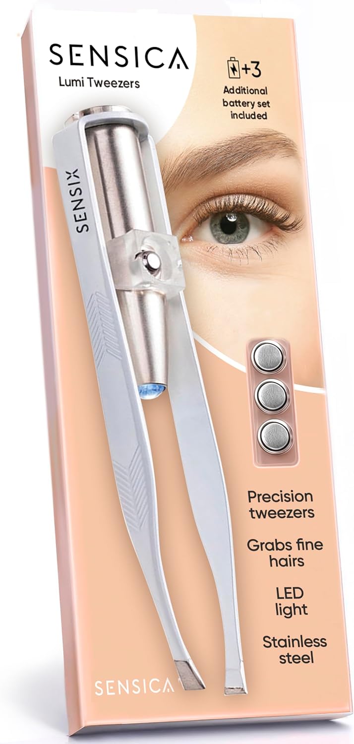 Sensica Eyebrow Tweezers with Light – LED Lighted Tweezers for Women Facial Hair – Precision Eyebrow Plucking Slant Tip Stainless Steel Tweezer with Long Arms & 3 Extra Batteries