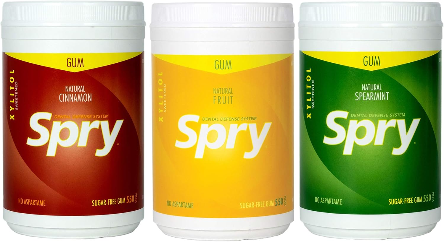 Spry Natural Gum, 3 Flavor Variety Pack, Natural Xylitol Chewing Gum, 550 count (Cinnamon, Fresh Fruit & Spearmint)