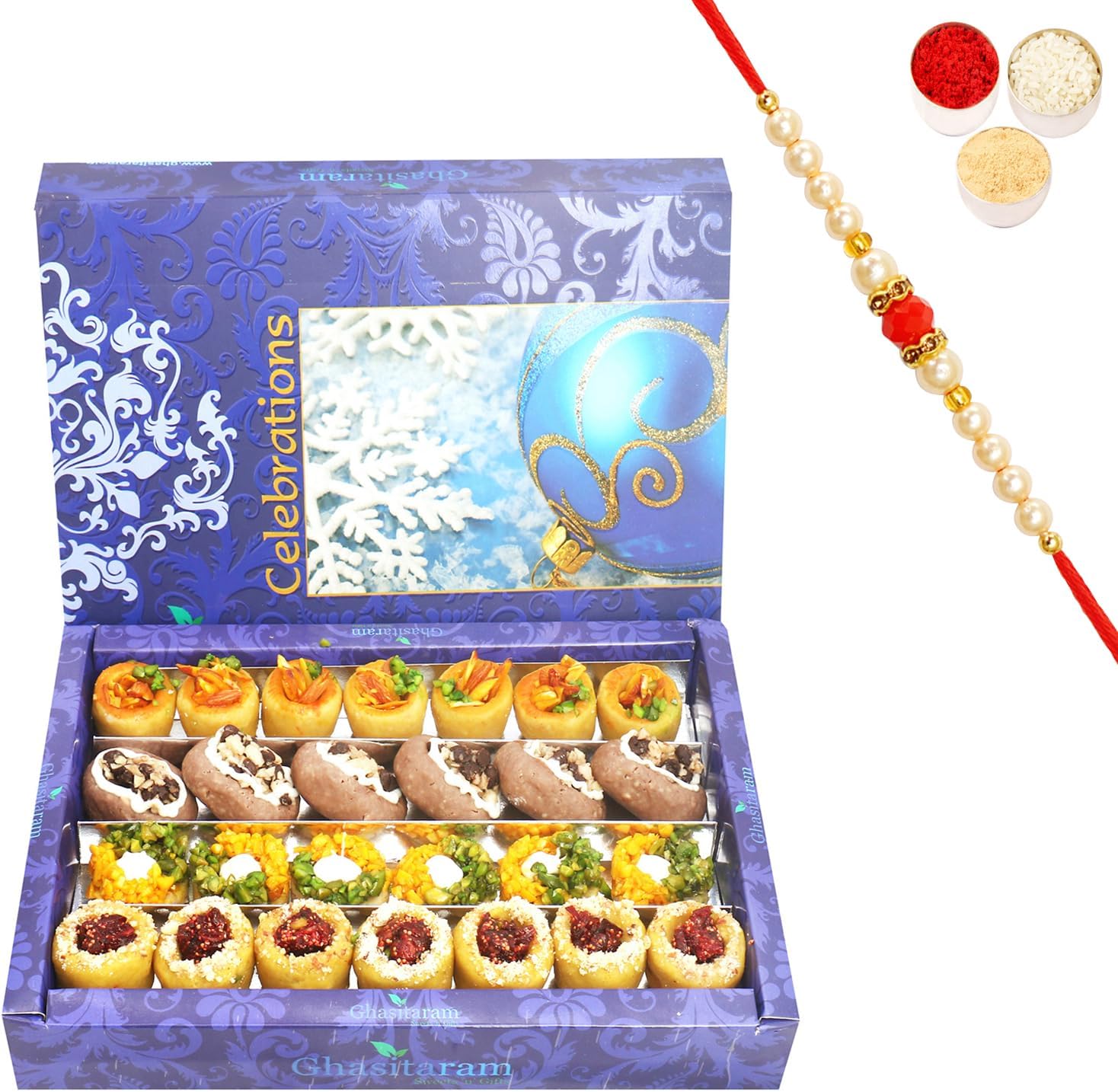 Ghasitaram Gifts Rakhi Gifts for Brothers Rakhi Sweets - Ghasitaram Gifts Assorted Box of Anjeer Basket, Kesar Pista Delight, Choco Boat and Almond Basket 800 GMS with Beads Rakhi