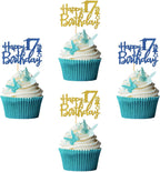 Happy 17th Birthday Cupcake Toppers - Girl Boy 17 Years Old Bday Cupcake Supplies - 17th Birthday Party Decorations - 24 PCS Blue & Gold Glitter