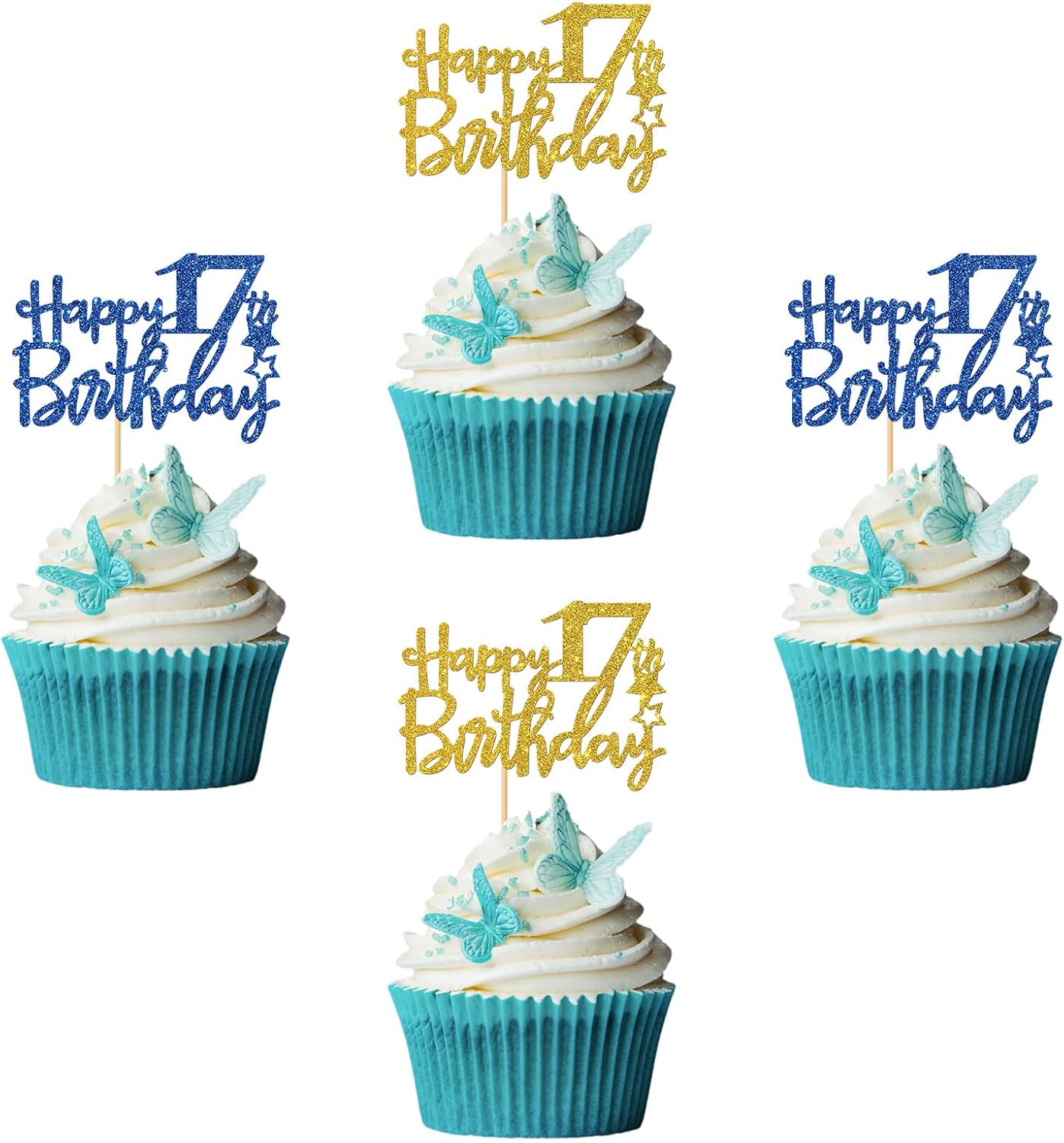 Happy 17th Birthday Cupcake Toppers - Girl Boy 17 Years Old Bday Cupcake Supplies - 17th Birthday Party Decorations - 24 PCS Blue & Gold Glitter