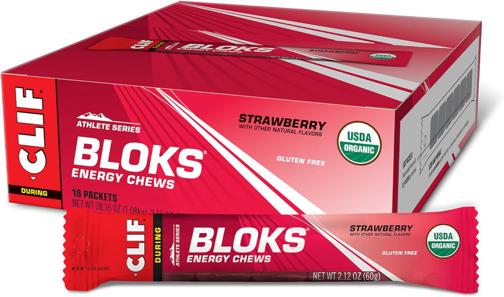 CLIF BLOKS - Strawberry Flavor - Energy Chews - Non-GMO - Plant Based - Fast Fuel for Cycling and Running - Quick Carbohydrates and Electrolytes - 2.12 oz. (18 Count)