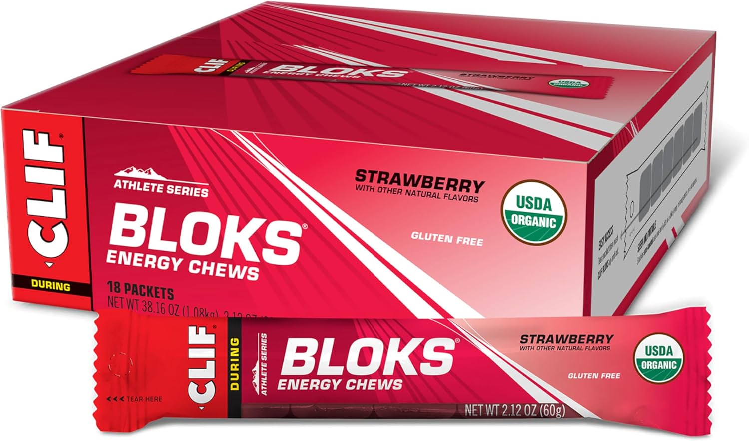 CLIF BLOKS - Strawberry Flavor - Energy Chews - Non-GMO - Plant Based - Fast Fuel for Cycling and Running - Quick Carbohydrates and Electrolytes - 2.12 oz. (18 Count)