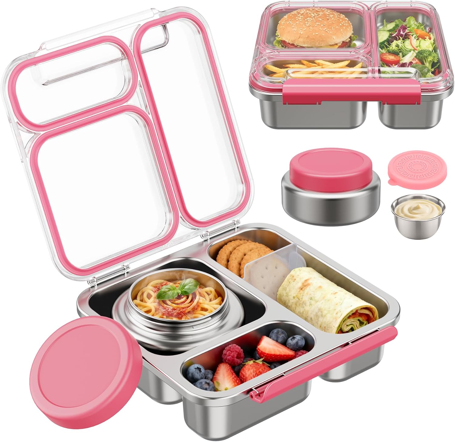 Pawtong Stainless Steel Bento Box Kids Adult with 7oz Insulated Food Jar, Transparent Lid Metal Lunch Box With Soup Thermal Jar, Lunch Box Container with Removable Divider & Sauce Cup School (Pink)
