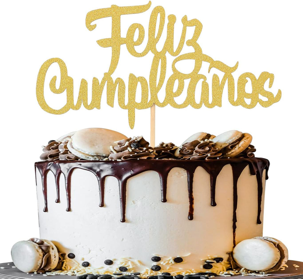 Feliz Cumpleaños Cake Topper - Gold Glitter Happy Birthday Cake Topper, Fiesta Theme Party Decoration Supplies, Golden Glitter Decorations (gold01)