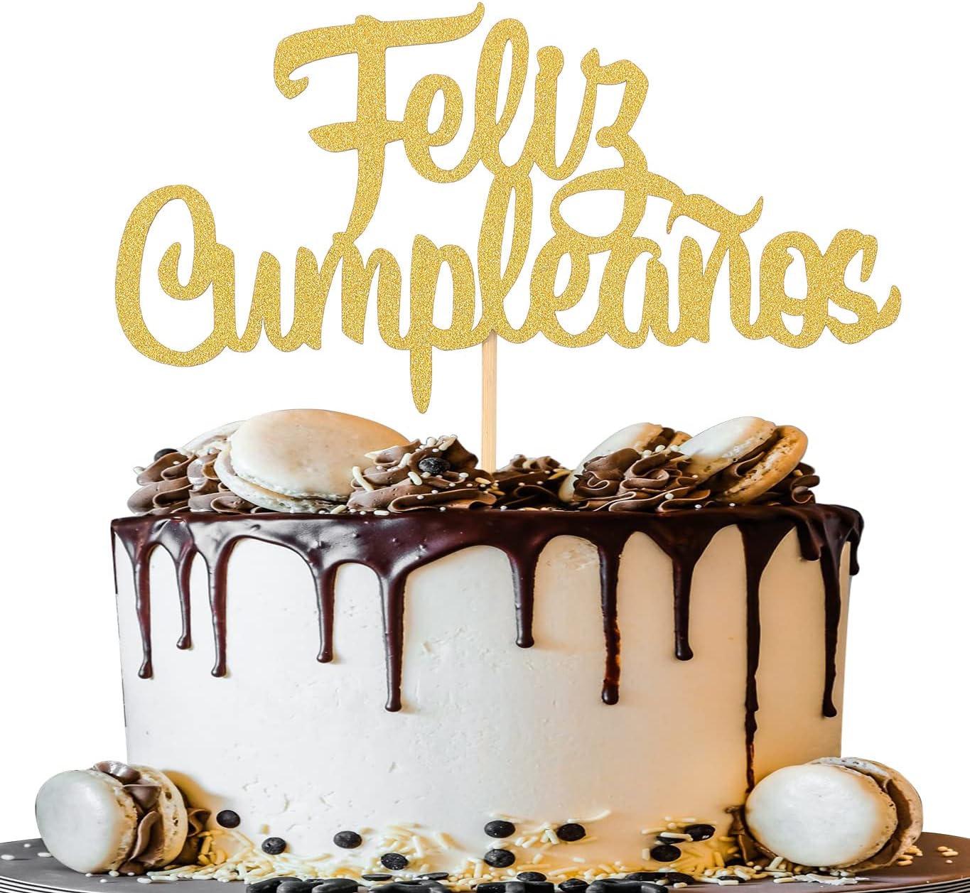 Feliz Cumpleaños Cake Topper - Gold Glitter Happy Birthday Cake Topper, Fiesta Theme Party Decoration Supplies, Golden Glitter Decorations (gold01)