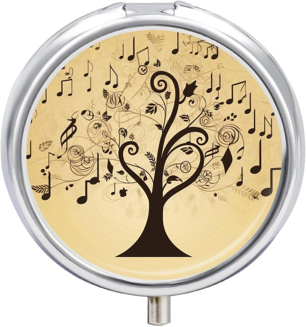 Round Musical Note Tree Pill Box Small Pill Case with 3 Compartment Portable Metal Medicine Organizer Mini Travel Medicine Vitamin Supplement Container for Pocket Purse