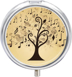 Round Musical Note Tree Pill Box Small Pill Case with 3 Compartment Portable Metal Medicine Organizer Mini Travel Medicine Vitamin Supplement Container for Pocket Purse