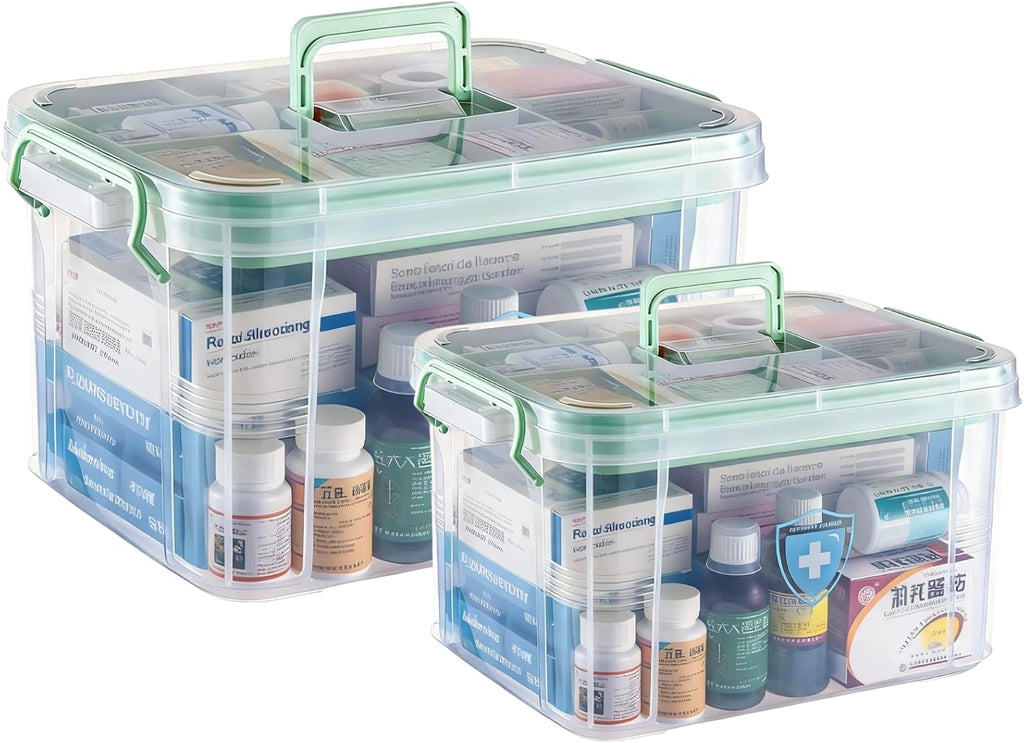 UNITED FLAMES 2-Pack Clear Medicine Storage Box, First Aid Box Empty with Locking Lid & Handle, Medicine Organizer Box with Removable Tray for Home & Pet Care
