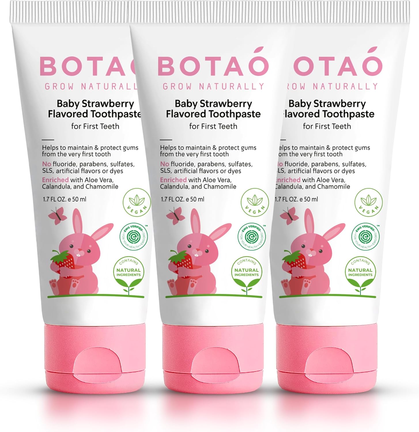 Fluoride Free Baby Toothpaste | Natural Toddler Toothpaste | Strawberry Flavored - Training Toothpaste for Toddlers | EWG Verified, Vegan, SLS Free, Safe to Swallow, Aloe Vera (3 Pack)