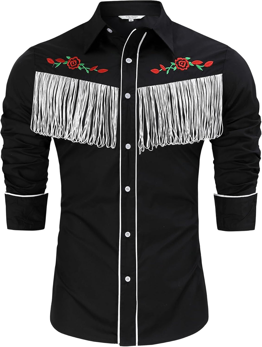 TURETRENDY Men's Western Cowboy Fringe Shirt Long Sleeve Rose Embroidered Slim Fit Button Down Shirt