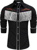 TURETRENDY Men's Western Cowboy Fringe Shirt Long Sleeve Rose Embroidered Slim Fit Button Down Shirt