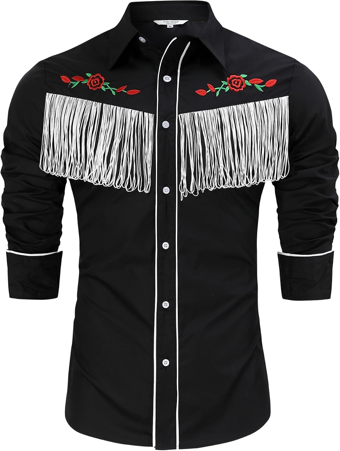 TURETRENDY Men's Western Cowboy Fringe Shirt Long Sleeve Rose Embroidered Slim Fit Button Down Shirt