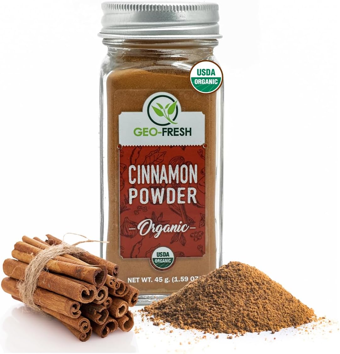 Geo-Fresh Organic Cinnamon Powder – 1.59 oz Glass Jar – Cassia Cinnamon Powder Organic – USDA Certified – Non-GMO, Kosher, Gluten-Free – Premium Spice for Baking, Cooking, Coffee