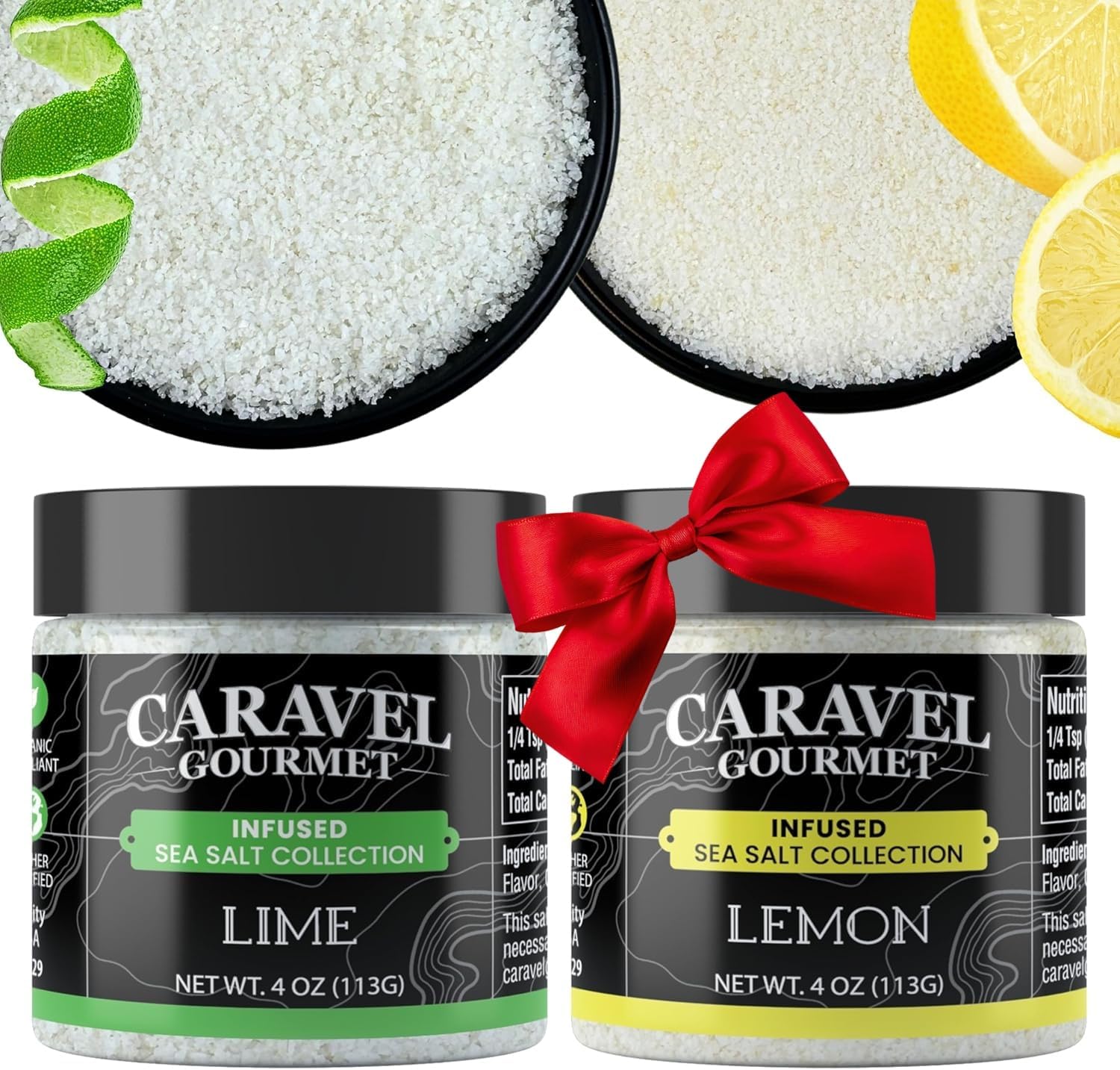 Citrus Gift Pack with Lemon & Lime Infused Sea Salts - Fresh Flavor Lemon Salt & Lime Salt, Naturally Infused, 4 oz Pinch Jar - (Pack of 2) by Caravel Gourmet
