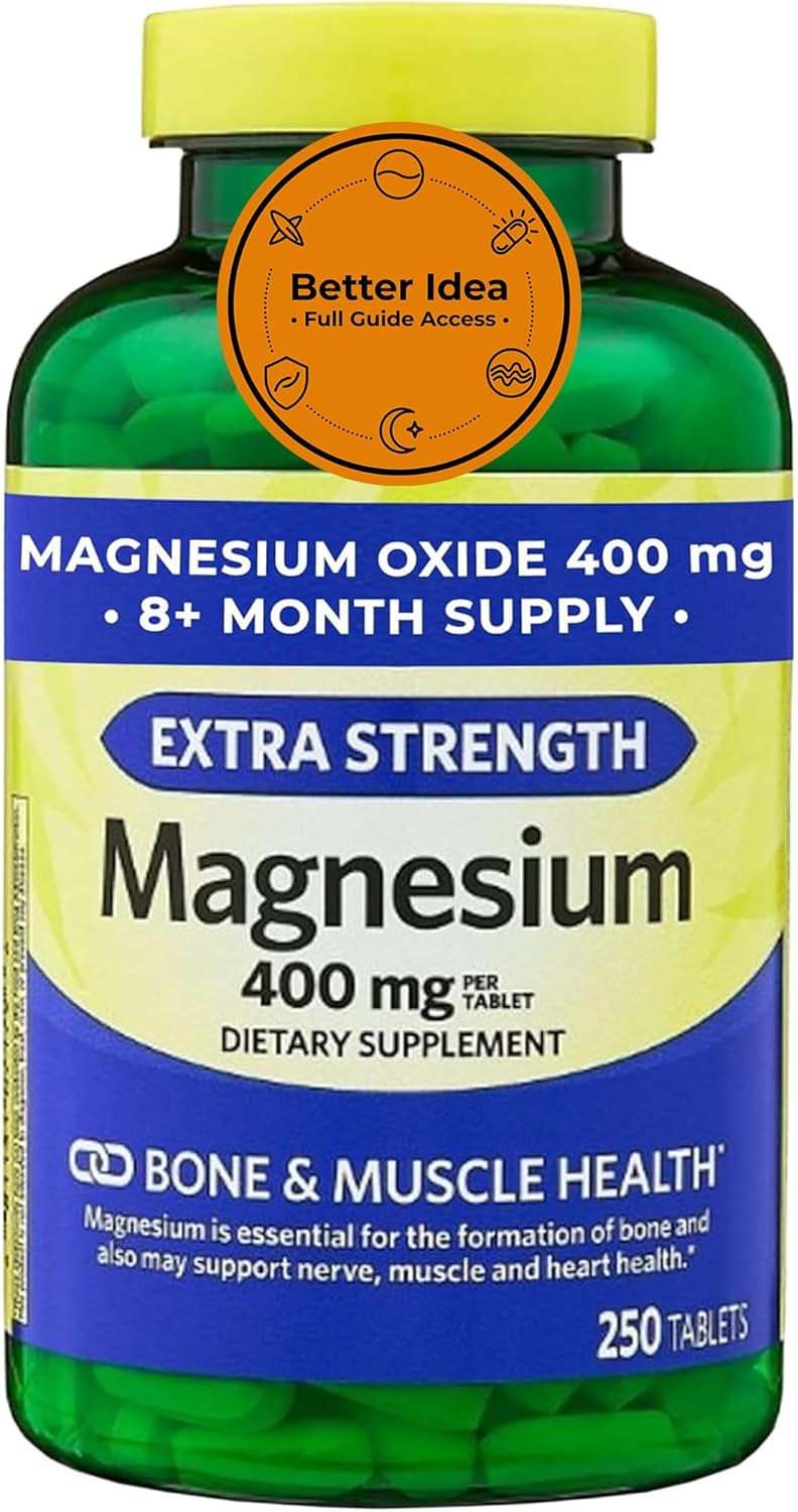 Magnesium Oxide 400mg Supplement for Bone, Muscle & Heart Health – Extra Strength Magnesium Tablets – 250 Count, 8+ Month Supply + Better Idea Sticker with Full Guide Access