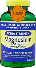 Magnesium Oxide 400mg Supplement for Bone, Muscle & Heart Health – Extra Strength Magnesium Tablets – 250 Count, 8+ Month Supply + Better Idea Sticker with Full Guide Access
