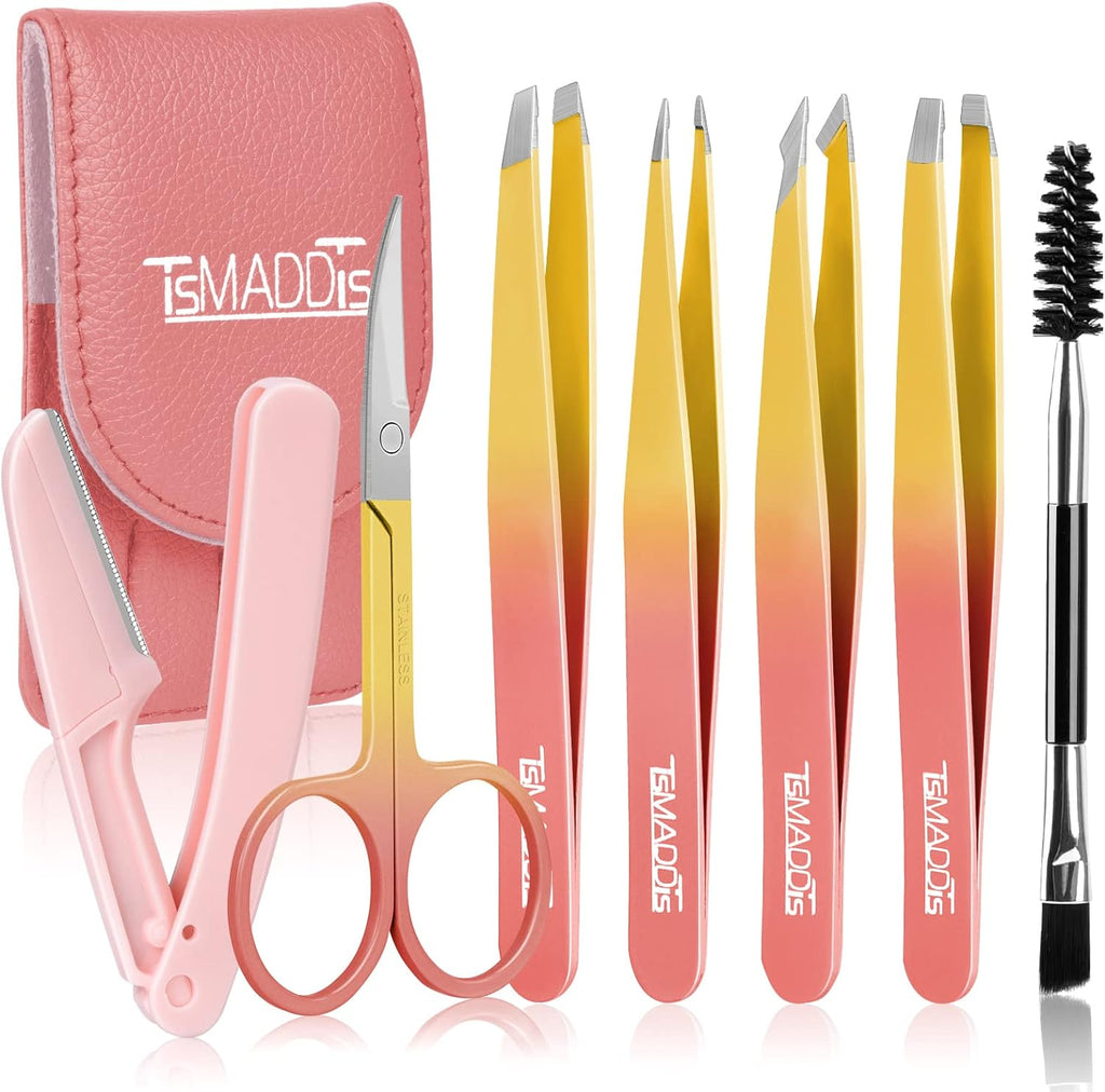 TsMADDTs 7 pcs Tweezers Set for Women Facial Hair, Precision Tweezer for Eyebrows with Curved Scissor and Eyebrow Razor for Ingrown Hair, Pink&Yellow