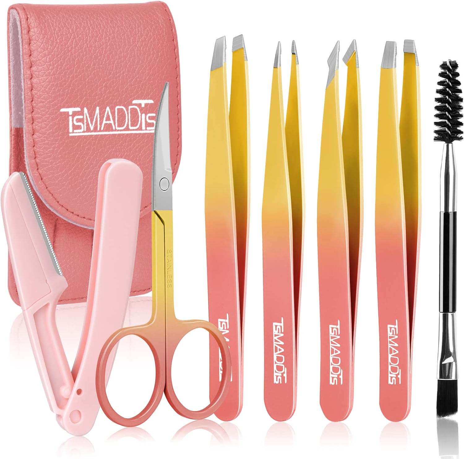 TsMADDTs 7 pcs Tweezers Set for Women Facial Hair, Precision Tweezer for Eyebrows with Curved Scissor and Eyebrow Razor for Ingrown Hair, Pink&Yellow