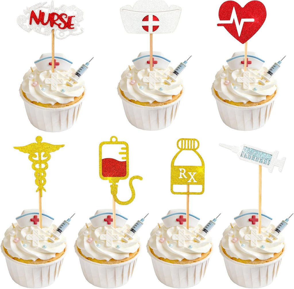 Nurse Cupcake Toppers, 28PCS Glitter Nursing School Graduation Cupcake Picks, Medical Rn Graduation 2026 Cake Toppers for Happy Nurse Week Nursing Grad Themed Birthday Party Cake Decorations Supplies