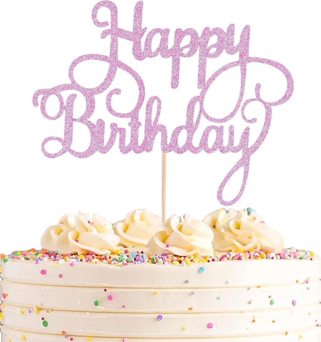Happy Birthday Cake Topper - Pink Glitter Happy Birthday Cake Bunting Decor - Anniversary Party Cake Decoration Supplies, for Photo Booth Props