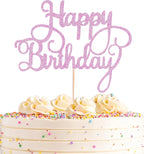 Happy Birthday Cake Topper - Pink Glitter Happy Birthday Cake Bunting Decor - Anniversary Party Cake Decoration Supplies, for Photo Booth Props