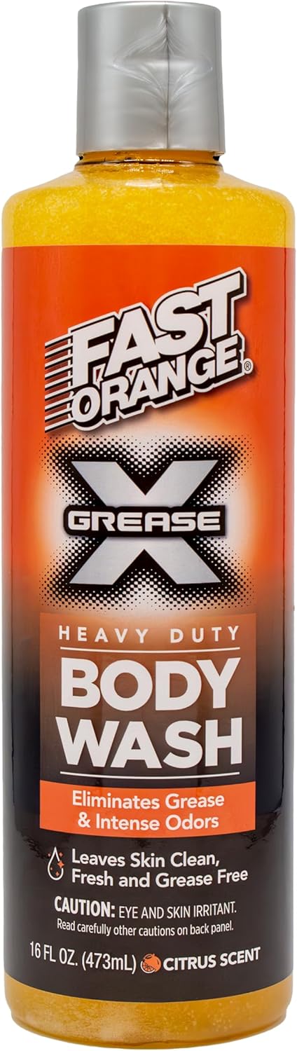 Fast Orange 25716 Grease X Body Wash, Exfoliating & Hydrating Heavy Duty Shower Gel for Men and Women, Mechanic & Industrial Body Soap Removes Grime, Oil, Automotive Odors & More, Citrus Scent 16 Oz.