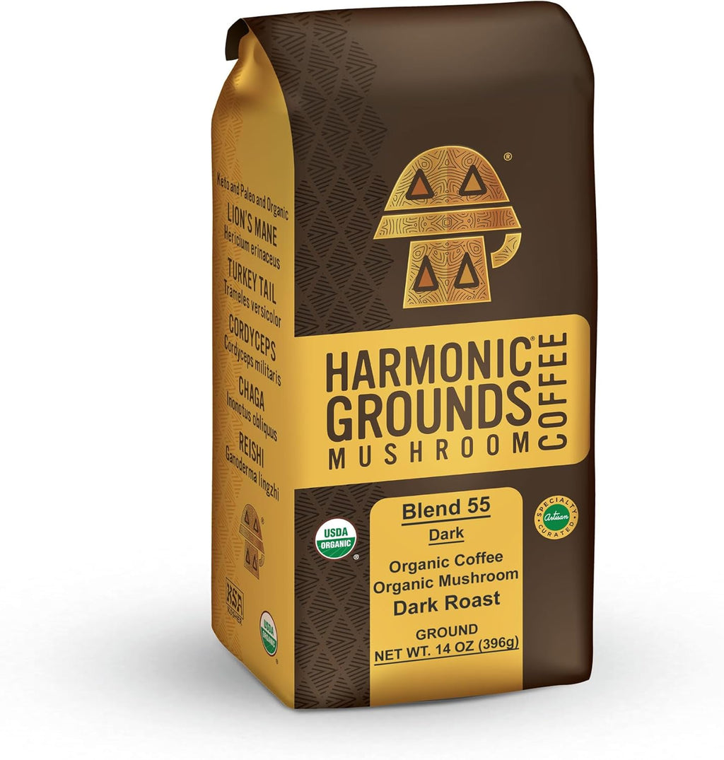 Harmonic Grounds Dark Roast Mushroom Coffee | Organic Ground Coffee with Functional Mushrooms | Lion’s Mane, Reishi, Chaga, Cordyceps, Turkey Tail | Fruiting Body Only | 14 oz Bag