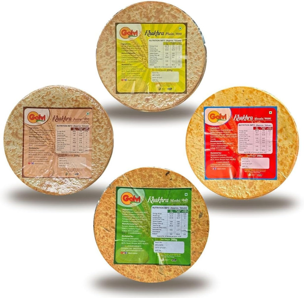 Premium Khakhra Combo Pack of 4 | Methi, Masala, Jeera & Plain Flavours | Crunchy, Roasted & Healthy Gujarati Snack | No Maida, Low Oil | Travel-Friendly Pack (4 x 200g)