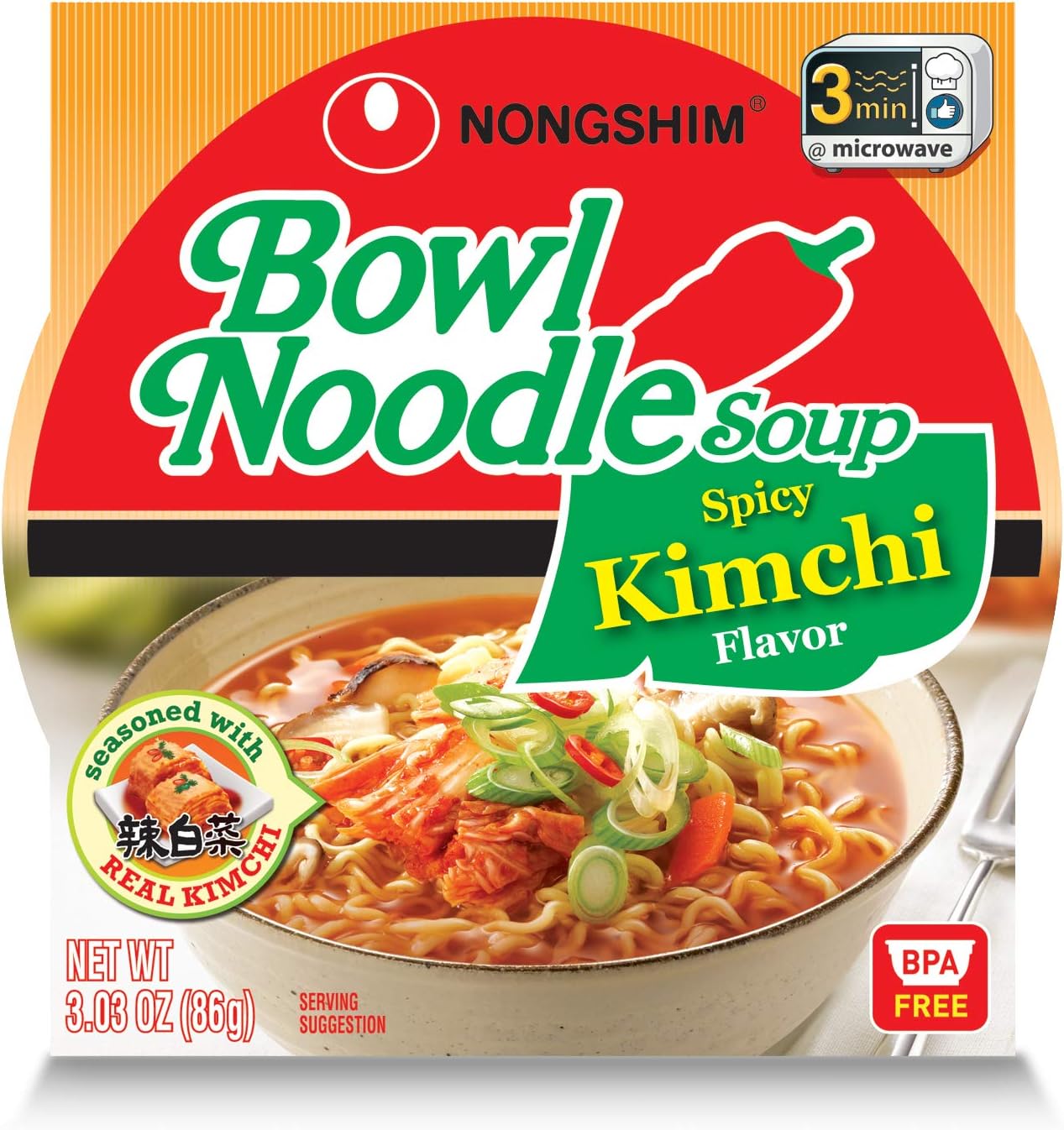 Nongshim Ramen Noodles, Gourmet Instant Ramen bowl, Premium Microwavable Noodle Soup, Kimchi, 3.03 Ounce (Pack of 1)