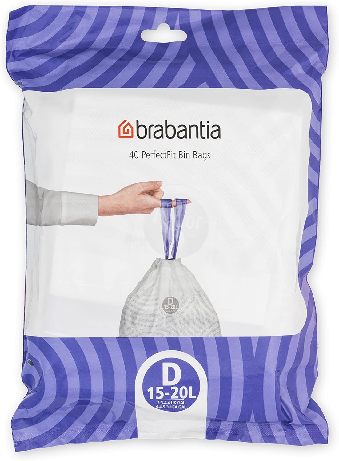 Brabantia PerfectFit Trash Bags (Size D/4.4-5.3 Gal) Thick Plastic Trash Can Liners with Drawstring Handles (40 Bags)