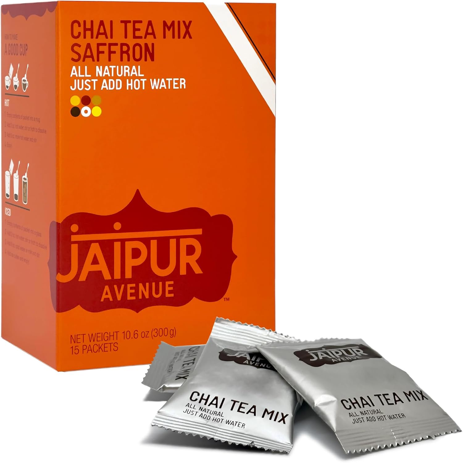 Jaipur Avenue Saffron Chai Tea Mix Crafted with All-Natural Assam Black Tea, Saffron, Cardamom, Cane Sugar, and Premium Dry Milk - Preservative-Free, Gluten-Free (15 Servings)
