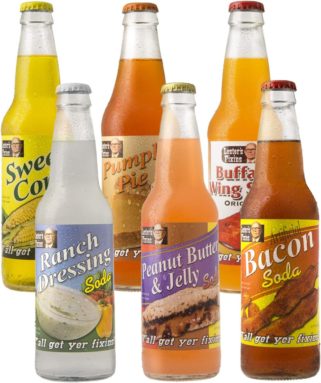 Lester's Fixins Outrageous Wild Crazy Unique Flavor Soda Pop 6 Pack Sampler Set