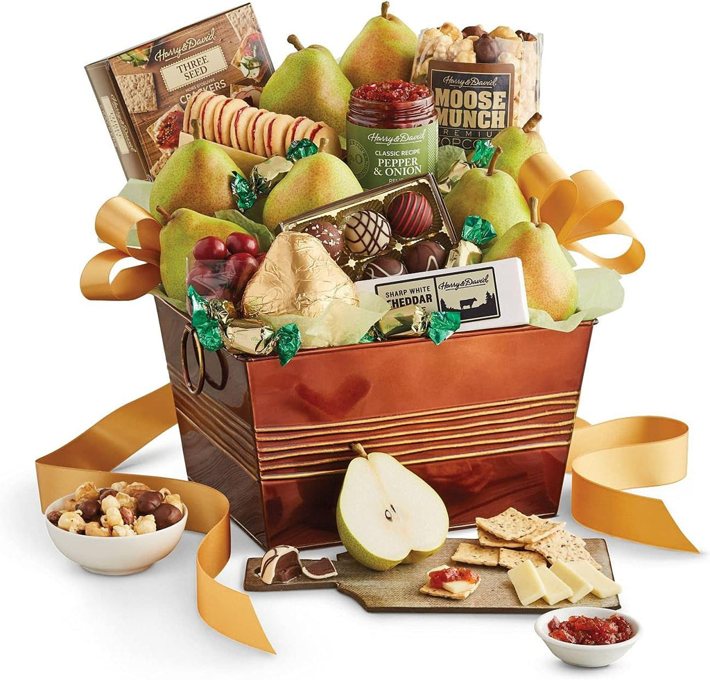 Harry & David Favorites Deluxe Food Gift Basket, Fruit And Cheese Gift Basket With Pears, Moose Munch Popcorn, Galettes, Cheese, Relish, Crackers, Milk Chocolate Covered Cherries, Truffles, Mints