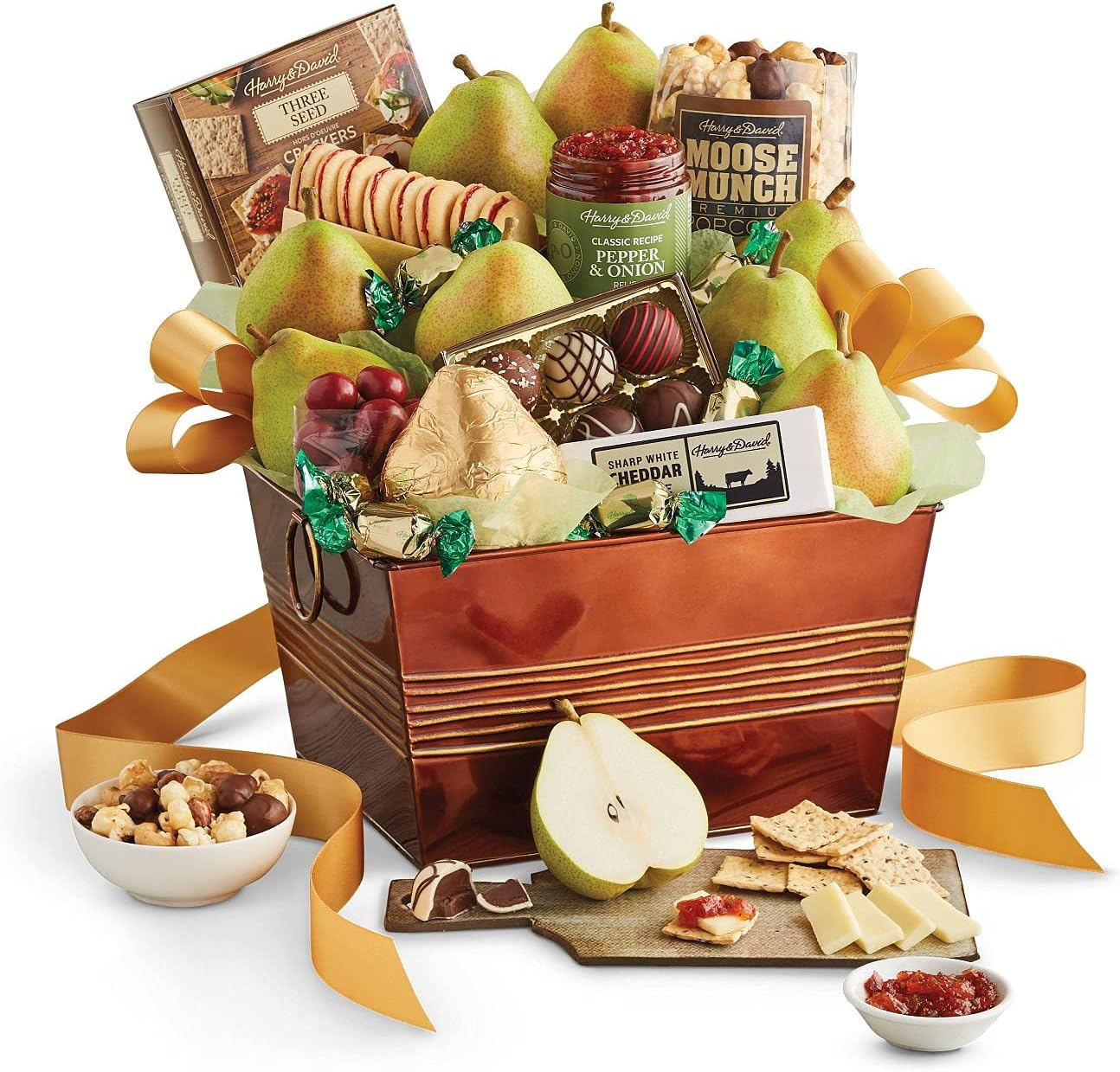 Harry & David Favorites Deluxe Food Gift Basket, Fruit And Cheese Gift Basket With Pears, Moose Munch Popcorn, Galettes, Cheese, Relish, Crackers, Milk Chocolate Covered Cherries, Truffles, Mints