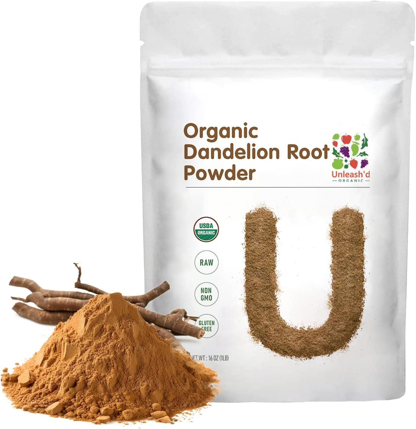 Unleash’d Organic Dandelion Root Powder 16oz – Organic, Vegan, for Tea & Drinks, Supports Detox & Digestive Health