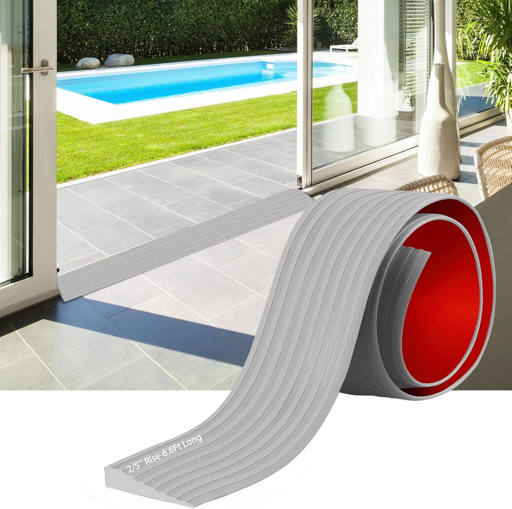 Threshold Ramps for Doorways, 0.4" Rise Rubber Door Threshold Ramp Self-Adhesive Ramps, is Adjustable and Cuttable for Sweeper Wheelchair Stroller Scooter Reducer Ramp (Gray, 2/5"height - 6.6Ft Long)
