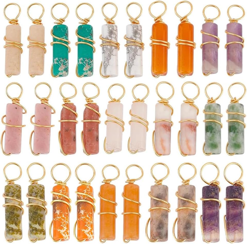 PH PandaHall 30pcs 15 Colors Natural Stone Pendants 20x4mm Colorful Crystal Stone Charms Pointed Quartz Gemstone Pendants Copper Wire Wrap Charms for Necklaces Earrings DIY Crafts Jewelry Making