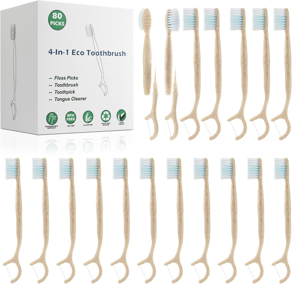 NUDUKO Travel Toothbrush Dental Floss Picks - 4 in 1 Biodegradable Disposable Toothbrushes with Tongue Scraper, Eco-Friendly Individually Wrapped Toothbrush for Adult Kids Travel Oral Care, 80 Pack