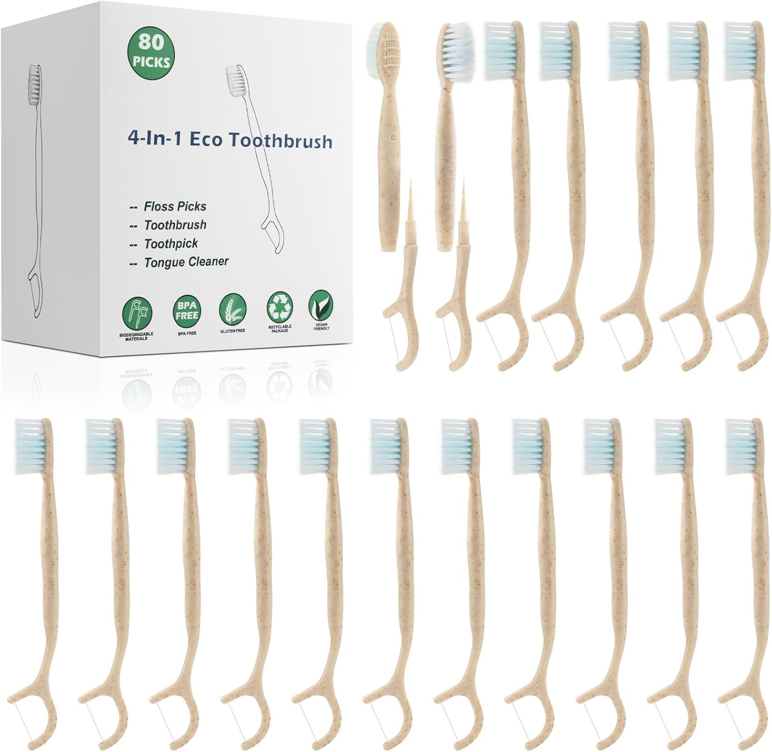 NUDUKO Travel Toothbrush Dental Floss Picks - 4 in 1 Biodegradable Disposable Toothbrushes with Tongue Scraper, Eco-Friendly Individually Wrapped Toothbrush for Adult Kids Travel Oral Care, 80 Pack