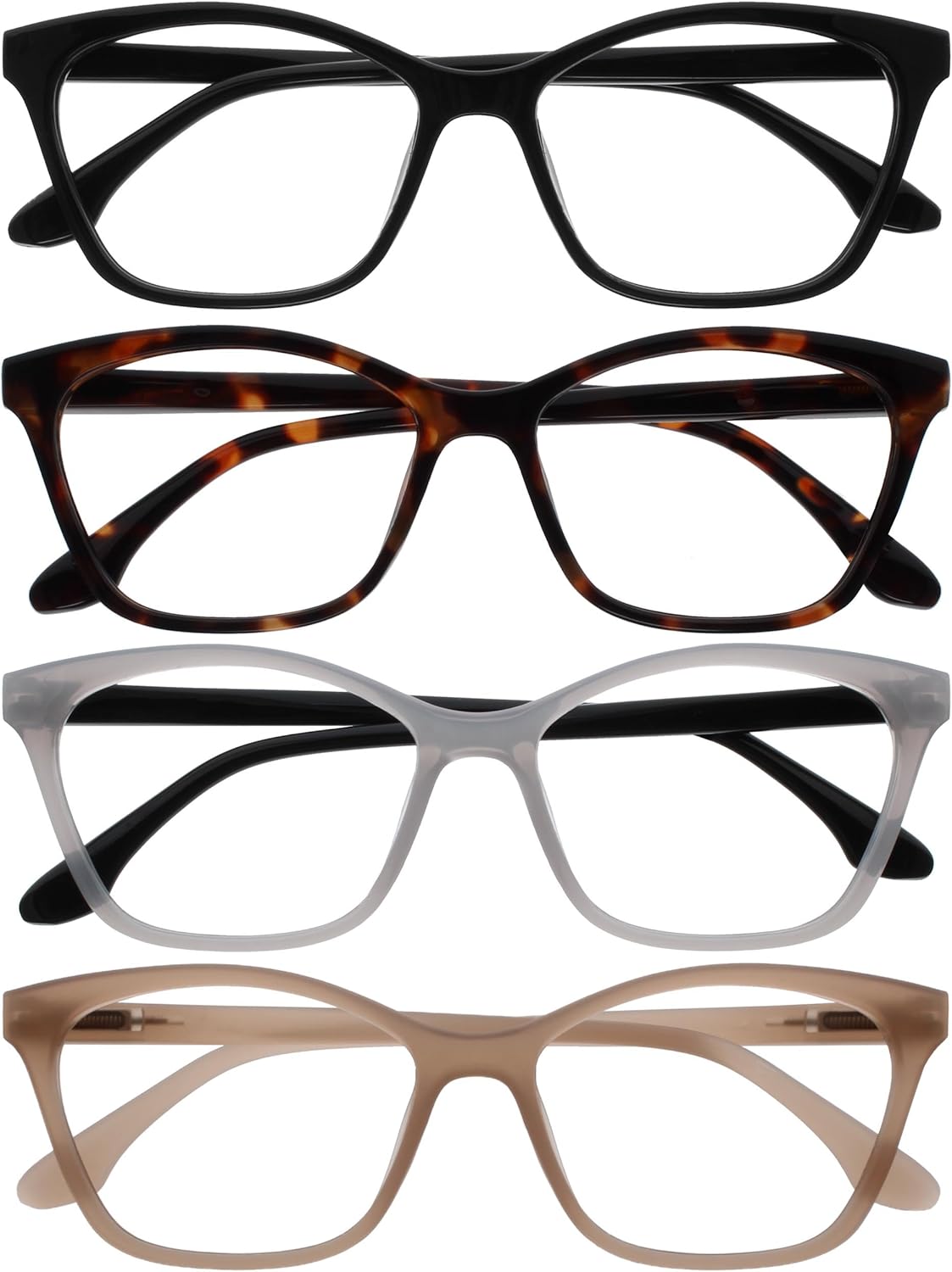 OPULIZE KAT Reading Glasses for Women Men, Cat-Eye Frame with Spring Hinges, Black Brown Grey Taupe +2.50 (Pack of 4)