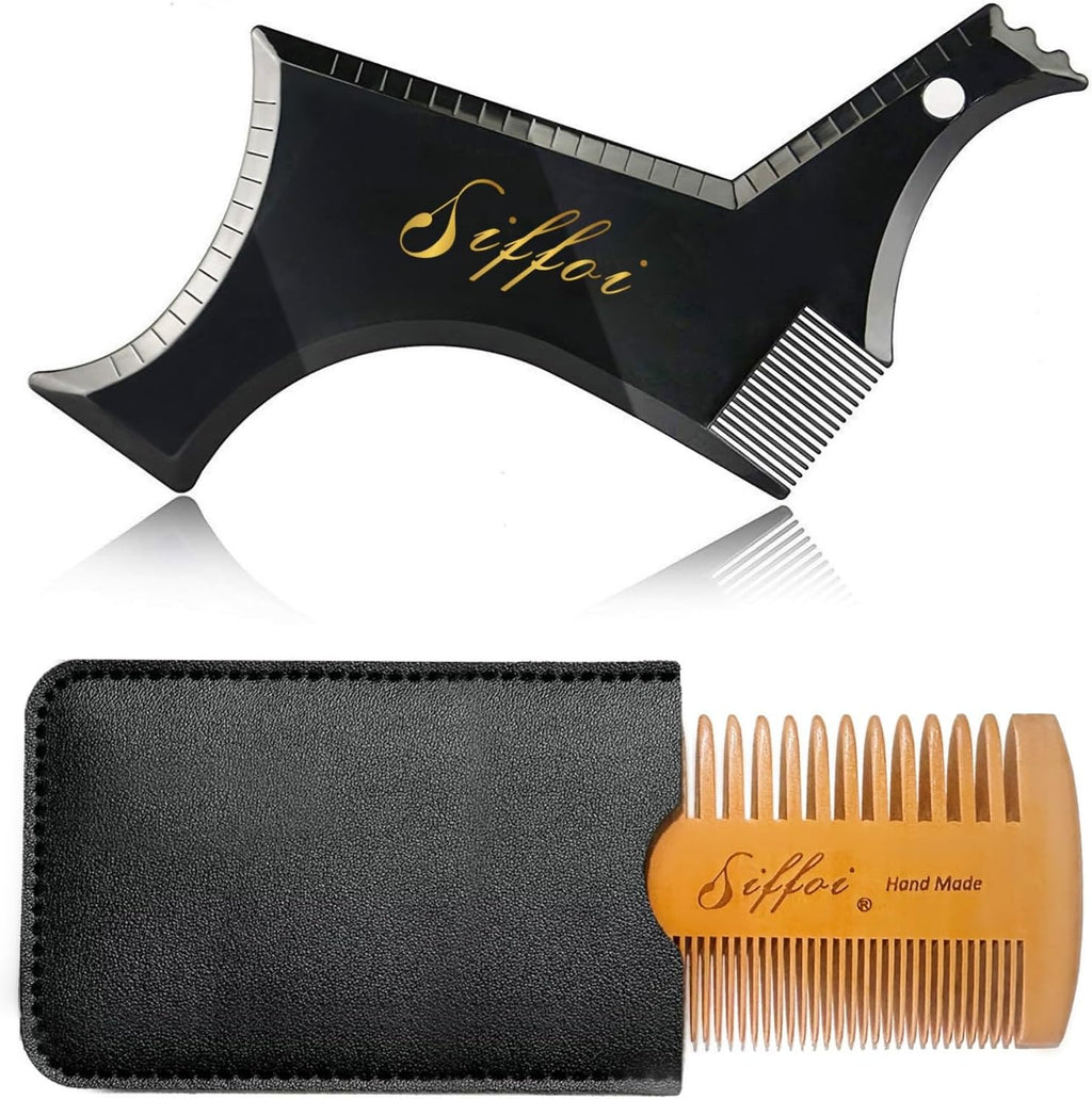 Men's Beard Shaping Styling Tool with Handmade Pocket Size Wooden Comb in PU Cover, 2026 Version Precision Edging for Jaw, Cheek & Neck Lines, Works with All Beard Razors & Trimmers