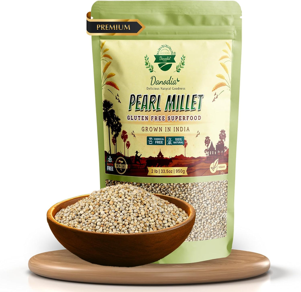 Danodia Foods Organic Pearl Millet (Bajra) (2 lbs | 950g | 33oz) | Unpolished, Whole Grain, Gluten-Free, Hulled Superfood | Natural, Non-GMO, Vegan, High Fiber & Protein |Rotis, Khichdi & Porridge