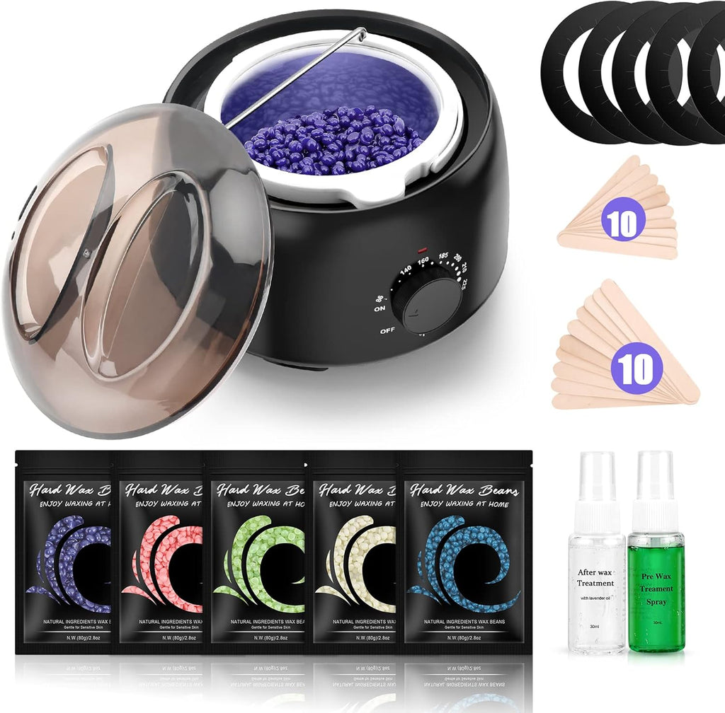 Waxing Kit - Wax Warmer for Hair Removal, Hard Wax Kit with 14oz 5 Bags Hard Wax Beans for Full Body, Legs, Face, Eyebrows, Bikini, Brazilian Waxing Kit for Women Men